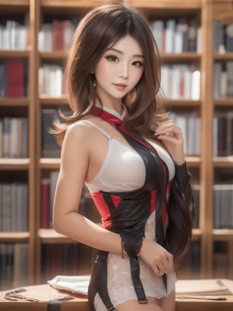 full-body portraits, photograph realistic, a beautiful chinese woman, adult video actress, in a library full of people, the whol...