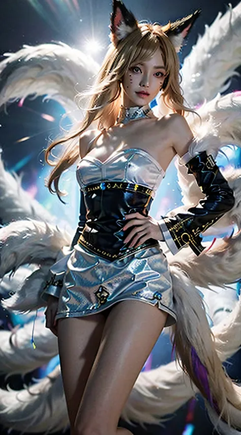 Super Resolution, (Realism: 1.3), 1 (Slim: 1.2) Girl, Solo, Looking at the Audience, League of Legends, Fox, KDA Fox, Blonde Hair, Fox Ears, Fox Tail, Blue Short Skirt, White Skirt, Laser Sense, Super Perfect Face, Perfect Eyes, Good Looking Face, Crystal ...