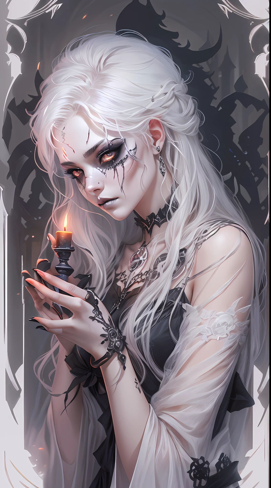 （tmasterpiece，best qualtiy）， 独奏，A white-haired woman holds a candle，anime skull portrait woman,beautiful necromancer girl，beautiful girl necromancer，，Smoky, Flowing white hair，Harsh eyes，paleskin，black eyeshadows，Black blood and tears，Gothic shoujo anime characters，beautiful necromancer，gothic fantasy art，dark fantasy style art, White-haired god,Retrato de um necromante feminino，necromante feminino，goddess of death，dark moody lighting，with light glowing，mistic，magical，edge lit