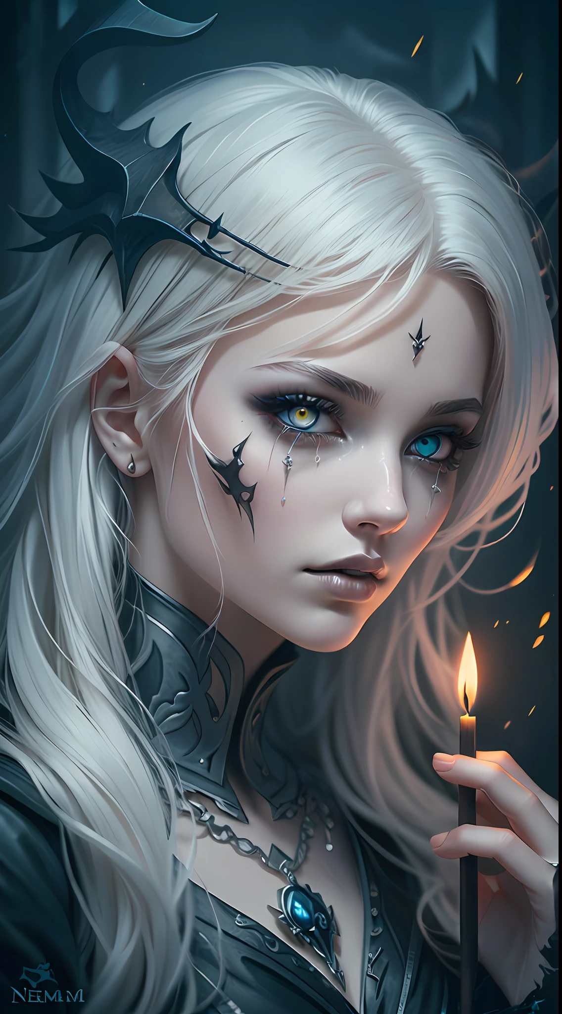 （tmasterpiece，best qualtiy）， 独奏，A white-haired woman holds a candle，anime skull portrait woman,beautiful necromancer girl，beautiful girl necromancer，，Smoky, Flowing white hair，Harsh eyes，paleskin，black eyeshadows，Black blood and tears，Gothic shoujo anime characters，beautiful necromancer，gothic fantasy art，dark fantasy style art, White-haired god,Retrato de um necromante feminino，necromante feminino，goddess of death，dark moody lighting，with light glowing，mistic，magical，edge lit