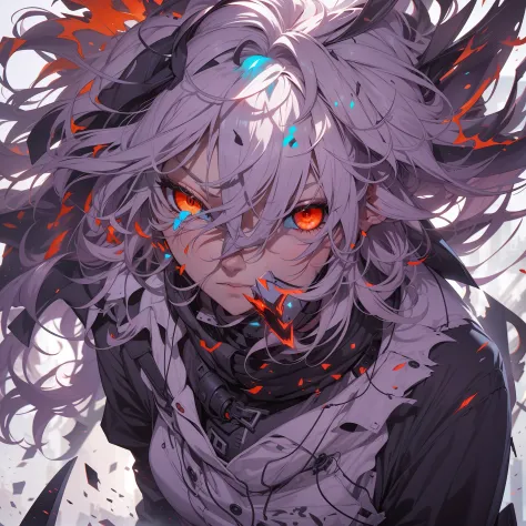 Anime humanoid monster, character design,wearing a futuristic mouth mask, serious face,boy,maniac,deranged look,messy unkept hair,hair covering right eye, vibrant eye color,red and blue eyes,(white hair), close up shot, creating a crack in reality, powerfu...