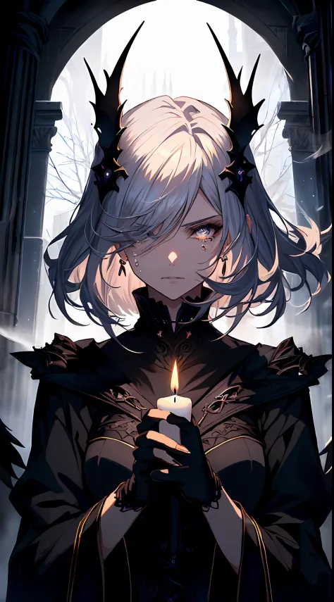 （tmasterpiece，best qualtiy）， 独奏，a white-haired woman holds a candle，anime skull portrait woman,beautiful necromancer girl，beauti...