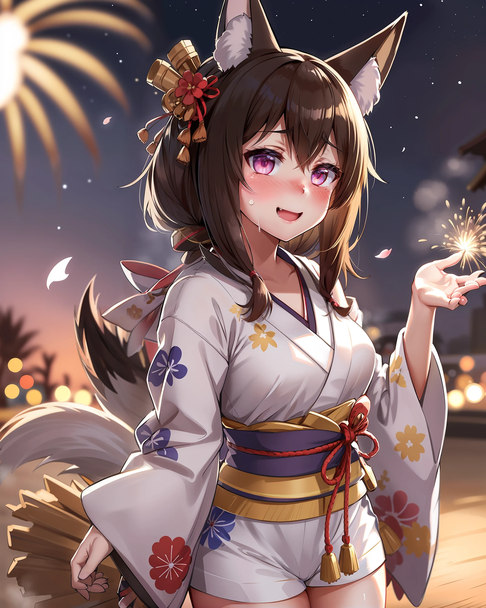 nose blush,closed mouth,smile,drooling, looking at viewer, smiling, wearing traditional Japanese clothing, print kimono,obi,  sakura tree, petals falling,  confident expression,aerial fireworks,night sky,floral print, starry sky, tanabata,wide sleeves,glowing eyes,steam, holding fireworks,steaming_body ,fox mask, collarbone, 

(8k, RAW photo,ultra-detailed, intricate details, best quality,illustration,highres, best quality, masterpiece),(solo,1girl, cowboy shot),   professional lighting, photon mapping, radiosity, physically-based rendering,on the beach,fox tail, fox girl, glint,hair covering ears,fox ears, ahegao, 
oguri cap \(umamusume\),