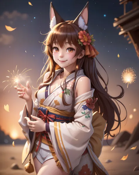 nose blush,closed mouth,smile,drooling, looking at viewer, smiling, wearing traditional Japanese clothing, print kimono,obi,  sakura tree, petals falling,  confident expression,aerial fireworks,night sky,floral print, starry sky, tanabata,wide sleeves,glow...