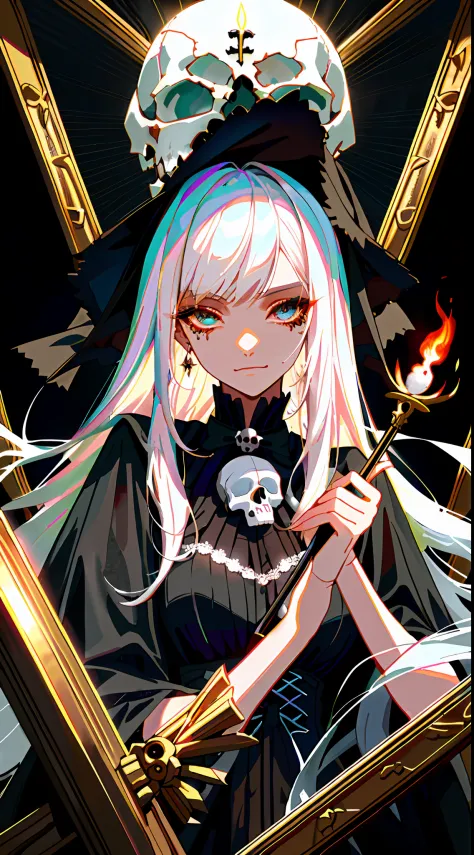 （tmasterpiece，best qualtiy）， 独奏，a white-haired woman holds a candle，anime skull portrait woman,beautiful necromancer girl，beauti...