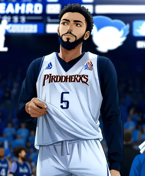 Arafeld basketball player with a beard and white jersey, nipsey hussle, Edited, Phoenix, taken in the early 2020s, center focuse...