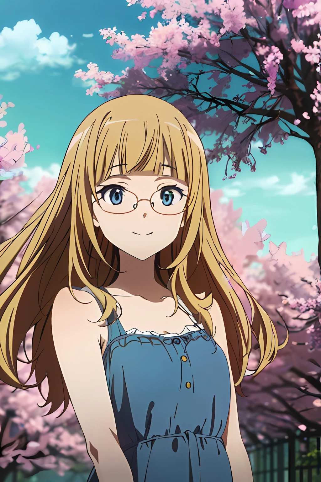 (highres, best quality:1.2), 1girl, radiance, soft contours, beautiful drawing, upper body, concept art, eyelashes, kyoani hyouka style, detailed background, bright colors,
perrine h. clostermann, (blonde hair), (blue eyes), light smile, glasses,
sundress, violet dress,
outdoors, blue sky, colorful flowers