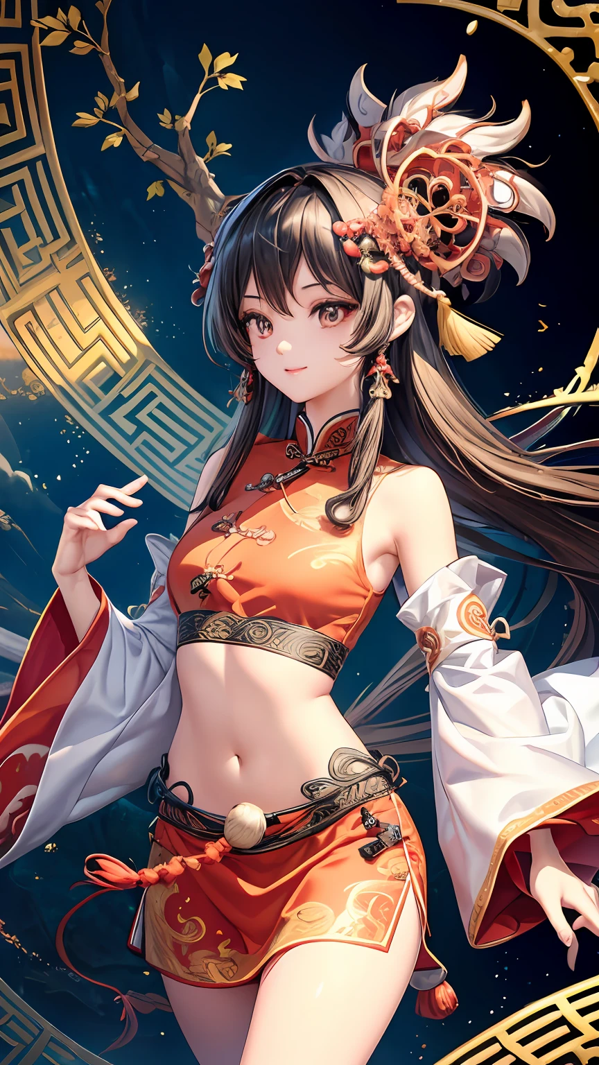 Official Art, Unified 8K Wallpapers, Ultra Detailed, Beautiful and Aesthetic, Masterpiece, Best Quality, (Zentangle, Tangle, Entangle), (fractal art: 1.4), 1girl, black hair, Chinese, bare shoulders, short skirt, calf, navel, very detailed, dynamic angle, cowboyshot, (most beautiful form chaos), flowing, (bright colors), oc, (half: 1.2), china, (thangka flying sky: 1.5), (ribbon: 1.3), (dream: 1.5), (hanfu: 1.5), Chinese dragon, Chinese phoenix, (smile: 0.5), (Chinese deity),