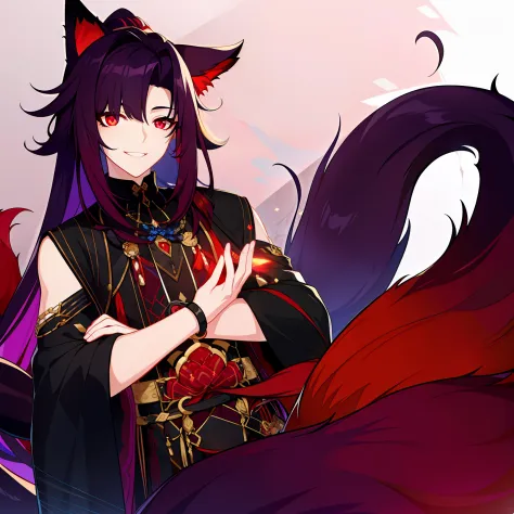 young guy, pretty facial features, long dark purple hair, half gathered in messy ponytail, half loose, dangerous bright red eyes...