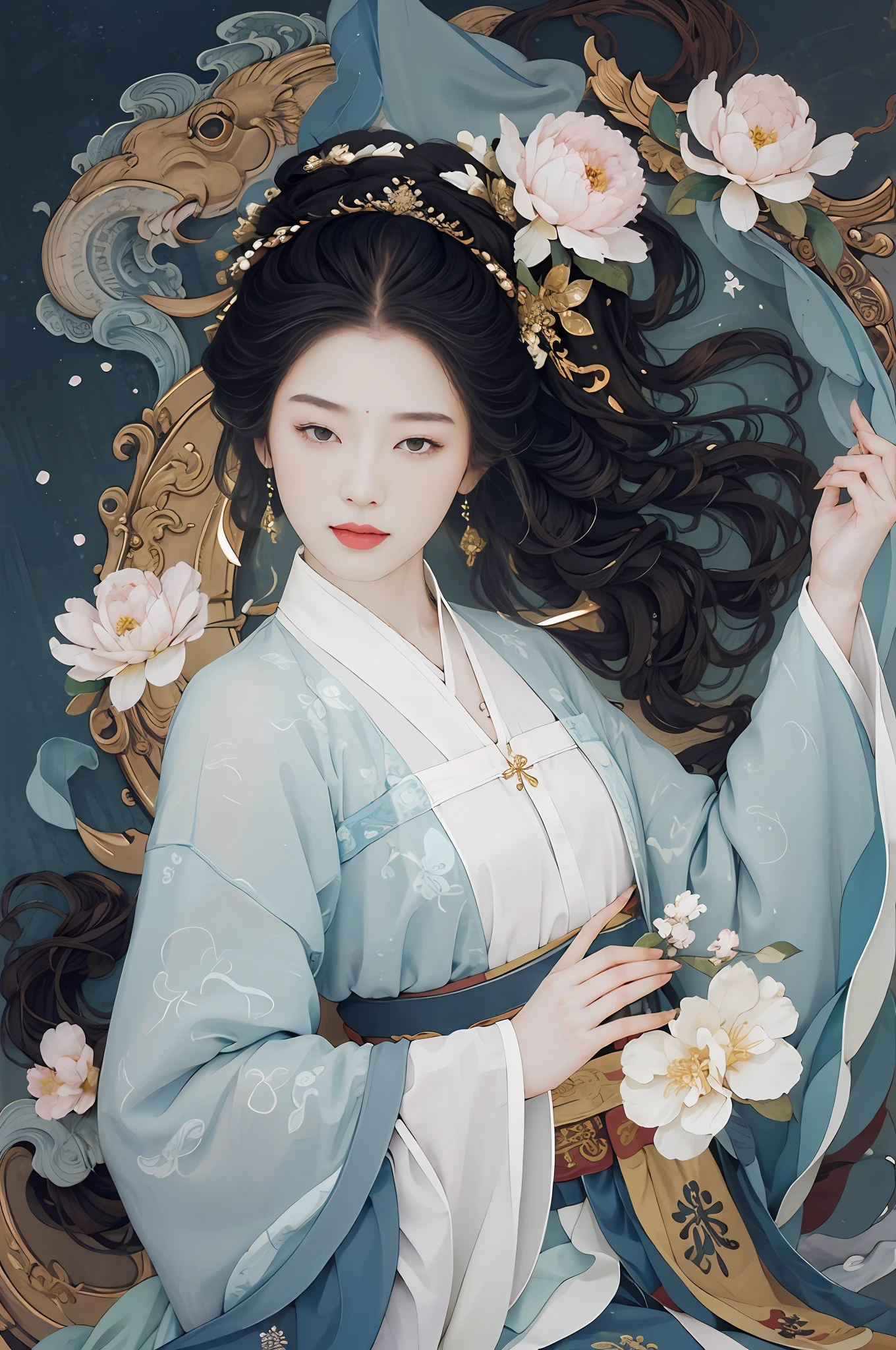 offcial art， Unity 8k Wallpaper， ultra - detailed， Beautiful and beautiful， tmasterpiece， best qualtiy， （realisticlying：1.4）， （dynamic angle：1.4）， ellegance， vivd colour， romanticism lain， Zhong Fenghua， 1girll， The lips are slightly open， （Flowers twinkle：1.5）， （solo：1.5）， （Look to the lens：1.3）， Umbellate， （See through Hanfu：1.3）， （small flower：1.5）， （plaster：1.3）， （blossom flower：1.3）， Glowing skin， （Floating colorful flashes：1）The most beautiful forms of chaos， （Pale color background：1.5）， （Traditional Chinese landscape painting background：1.3），  full bodyesbian，Normal fingers，Only two hands，