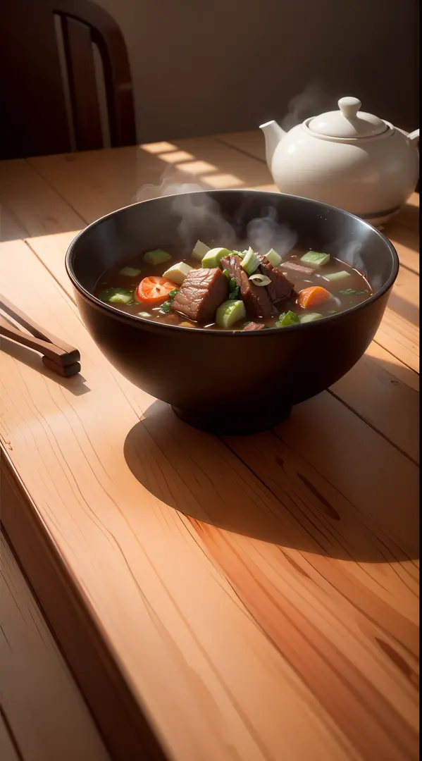 A pristine bowl of Chinese beef brisket noodle soup is placed delicately on a clean, white table. The steam rises gracefully from the bowl, creating a tantalizing visual display. The camera captures the scene from a straight-on perspective, perfectly showc...