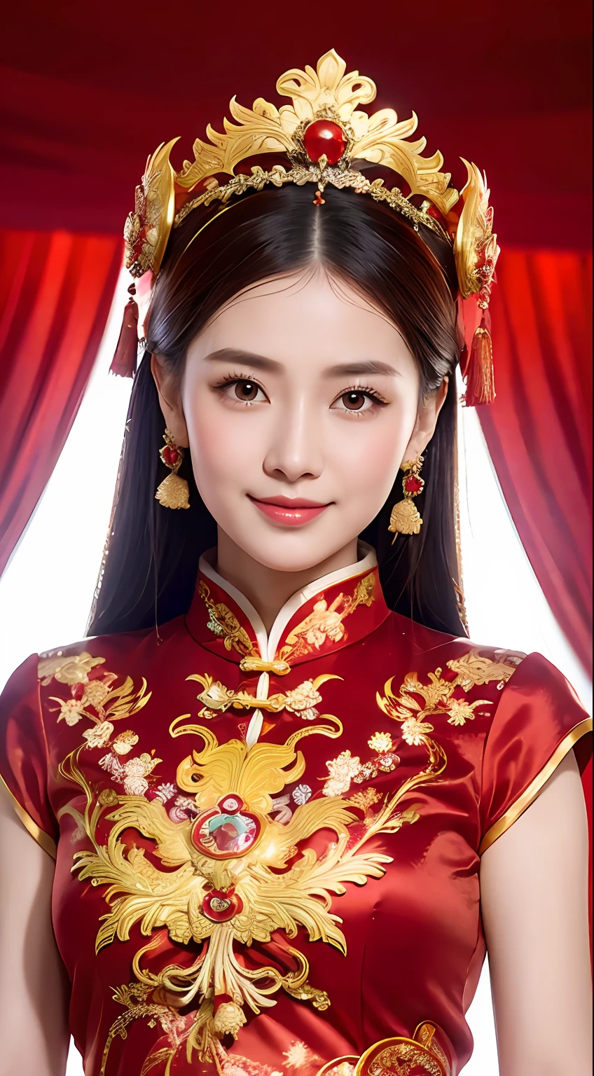 (8k, RAW Photo, Best Quality, Masterpiece: 1.2), (Realistic, Realistic: 1.37), 1 Girl, Woman in Red Dress and Headdress Posing for Photo, Gorgeous Role Play, Beautiful Costume, Chinese Dress, Complex Dress, Complex Costume, Traditional Beauty, Gorgeous Chinese Model, Chinese Costume, Wearing Gorgeous Costume, Wearing Elegant Chinese Xiuhe Dress, Chinese Wedding Dress, Phoenix Crown Xia Hanging, Antique Bride, Xiuhe Costume, Close Up, Wearing Phoenix Crown, Smile, No Watermark, Dragon and phoenix embroidered dress