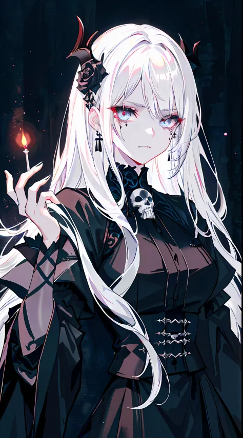 （tmasterpiece，best qualtiy）， 独奏，a white-haired woman holds a candle，anime skull portrait woman,beautiful necromancer girl，beauti...