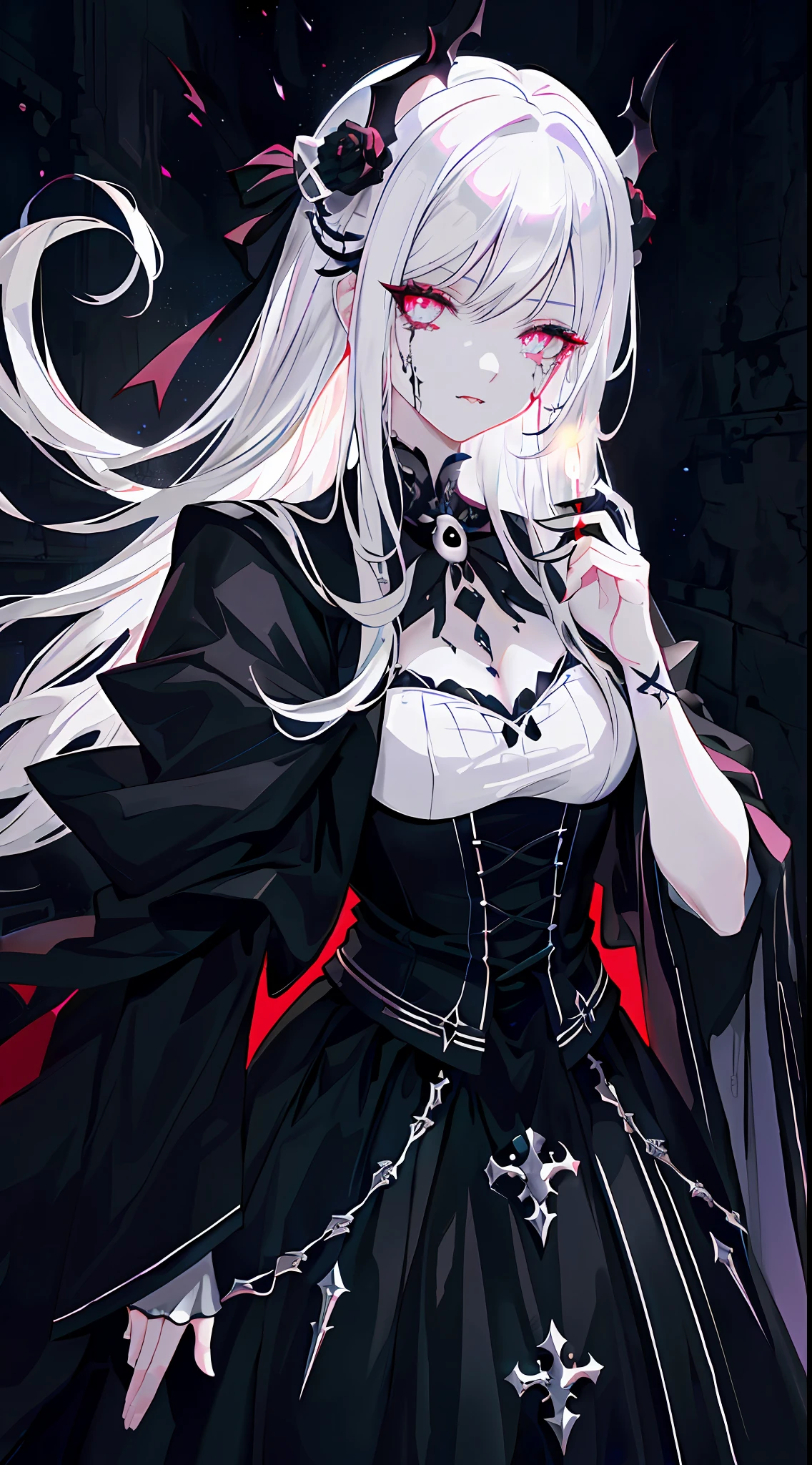 （tmasterpiece，best qualtiy）， 独奏，A white-haired woman holds a candle，anime skull portrait woman,beautiful necromancer girl，beautiful girl necromancer，，Smoky, Flowing white hair，Harsh eyes，paleskin，black eyeshadows，Black blood and tears，Two fangs are exposed，Gothic shoujo anime characters，beautiful necromancer，gothic fantasy art，dark fantasy style art, White-haired god,Retrato de um necromante feminino，necromante feminino，goddess of death，dark moody lighting，with light glowing，mistic，magical，edge lit