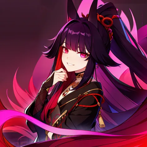 young guy, pretty facial features, long dark purple hair, half gathered in messy ponytail, half loose, dangerous bright red eyes...