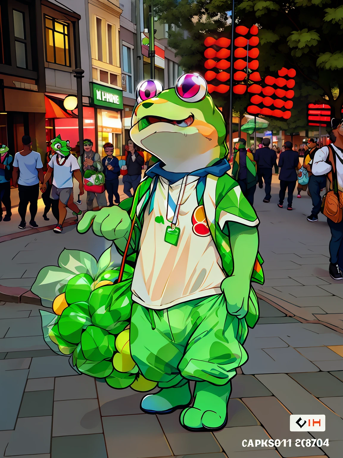 Alafi walks down the street dressed in green, There is a cute frog, Cosplayers who dress up like frogs, com mascot,  Carrying a bunch of frog balloons, as an anthropomorphic turtle, High quality clothing, appearing in a shopping mall, Kermit the Frog, frog themed, Cute frog