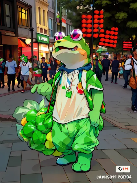Alafi walks down the street dressed in green, There is a cute frog, Cosplayers who dress up like frogs, com mascot,  Carrying a ...