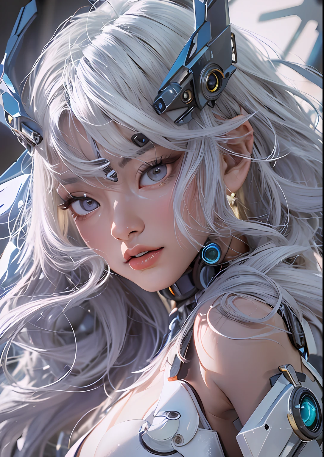 top-quality、​masterpiece、超A high resolution、(Photorealsitic:1.4)、Raw photo、Cyborg Angel、large wings made of metal、White porcelain body、white  hair、glowy skin、1 Cyborg Girl、((super realistic details))、portlate、globalillumination、Shadow、octan render、8K、ultrasharp、character edge light,Colossal 、Raw skin is exposed in cleavage、Details of complex ornaments、Detailed hydraulic cylinders from Sumer、Small LED lamp、highly intricate detail、Realistic light、a purple eye、radiant eyes、Facing the camera、neon details、cowboy  shot、Futuristic headgear、About Cyberpunk、、