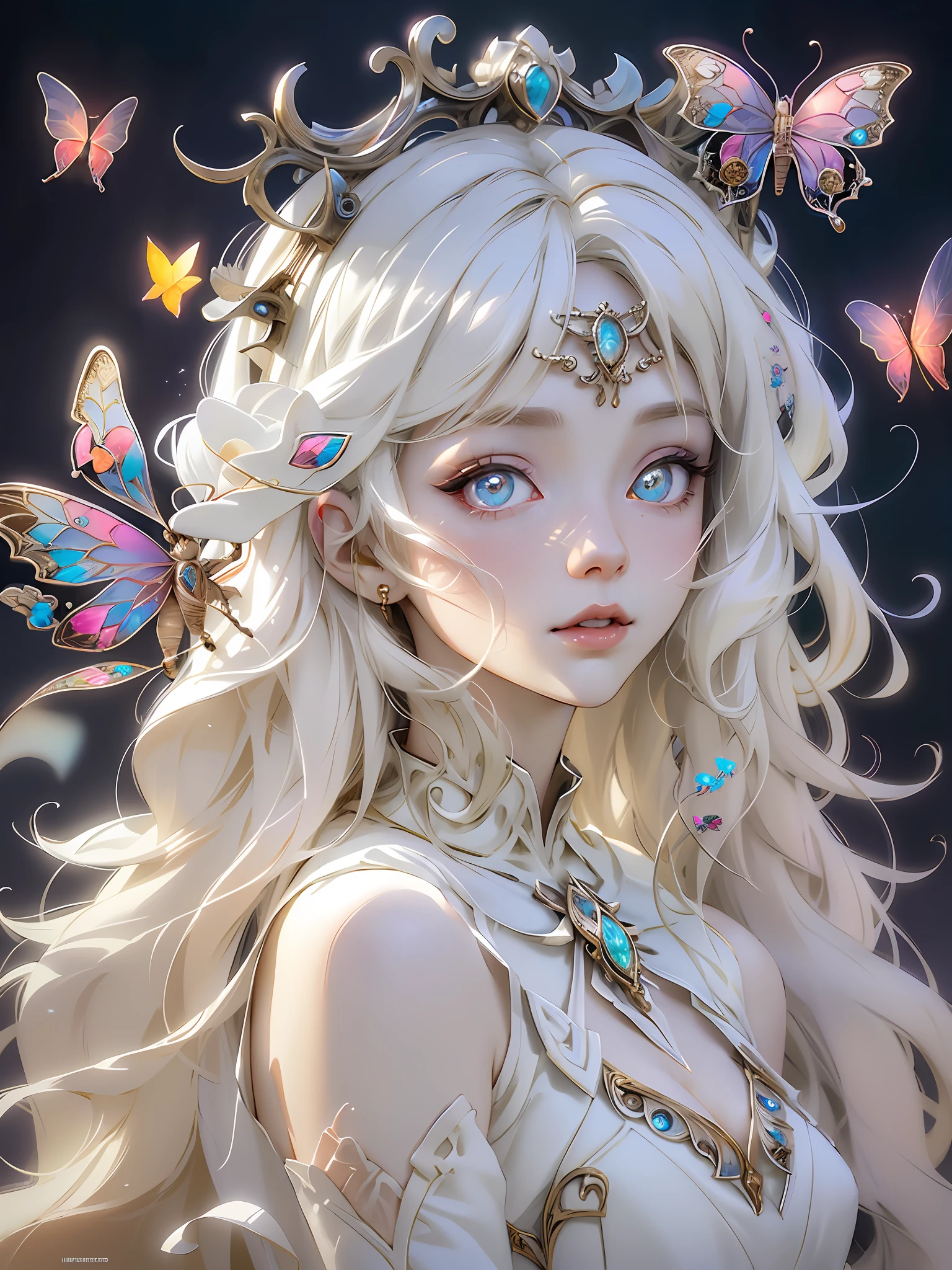 1 woman with a crown，facing to audience，Beautiful and elegant butterfly queen, Guviz, Fantasy art style, 8K high quality detailed art, Butterfly Lord, Beautiful and seductive butterfly princess，digital fantasy art , ellegance, (long  white hair，White-colored skin，The skin is translucent white，sparkle in eyes，Wearing plain white clothes，beautiful  face，Lonely pale face，Particle，Glow，Guviz-style artwork, WLOP Art,