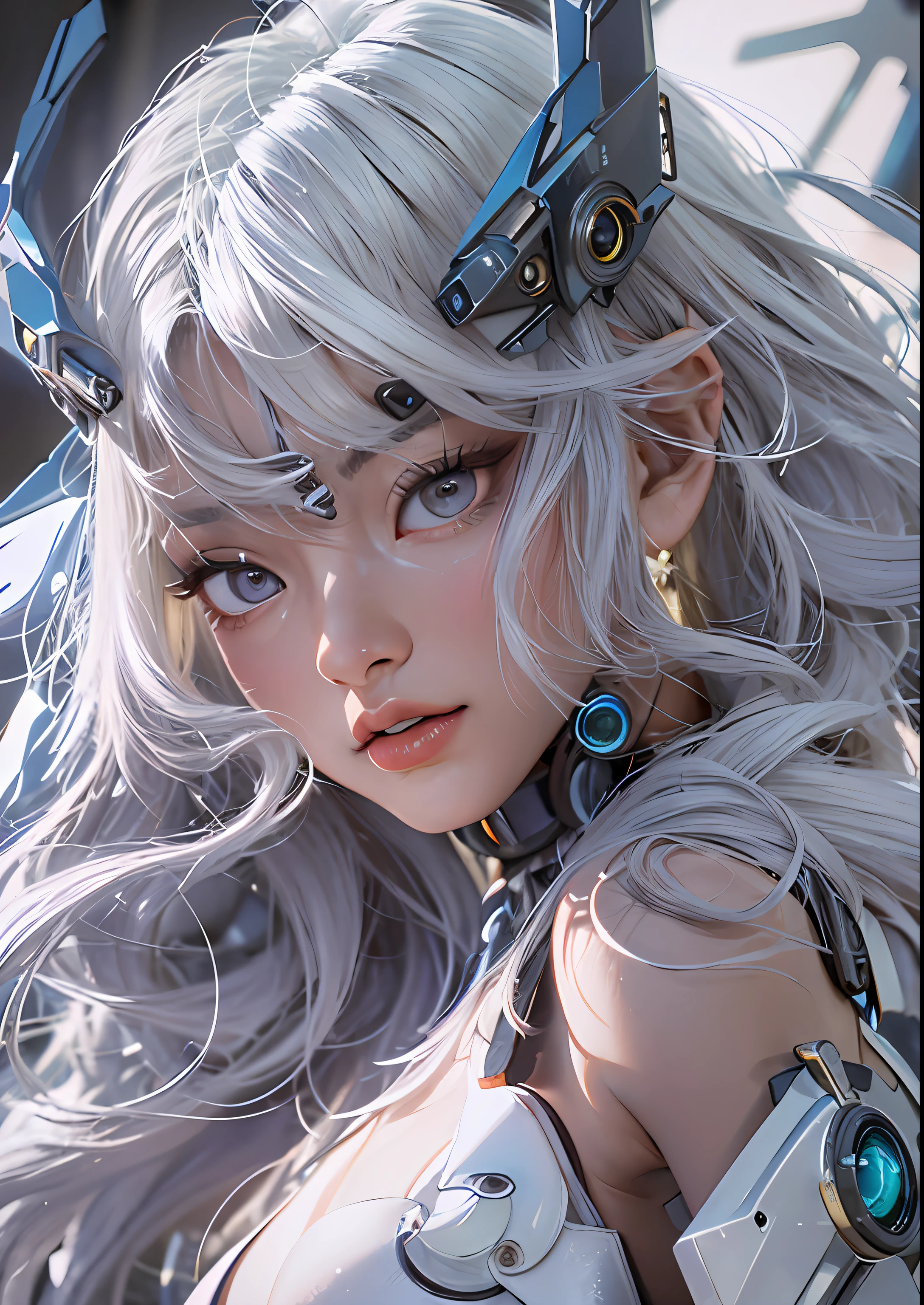 top-quality、​masterpiece、超A high resolution、(Photorealsitic:1.4)、Raw photo、Cyborg Angel、large wings made of metal、White porcelain body、white  hair、glowy skin、1 Cyborg Girl、((super realistic details))、portlate、globalillumination、Shadow、octan render、8K、ultrasharp、character edge light,Colossal tits、Raw skin is exposed in cleavage、Details of complex ornaments、Detailed hydraulic cylinders from Sumer、Small LED lamp、highly intricate detail、Realistic light、a purple eye、radiant eyes、Facing the camera、neon details、cowboy  shot、Futuristic headgear、About Cyberpunk、、