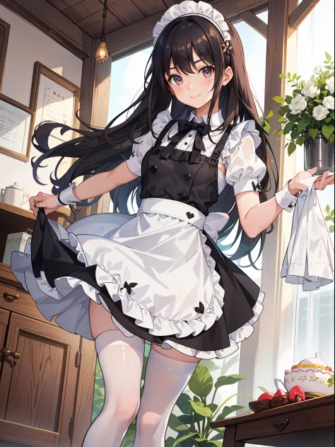 1girl in、A smile、A delightful、skirt by the、(small tits)chilarism、doress、aprons,,,,,,、maid,,,,,,,,、brunette color hair、hair adornments、sport、White stockings