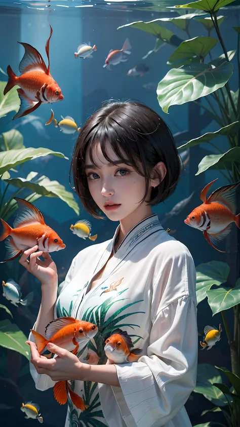 a 20 yo woman)))、((aquariums))、​masterpiece, 1 beautiful girls,  (((very_Short_hair))), Eye details, Swollen eyes - SeaArt AI