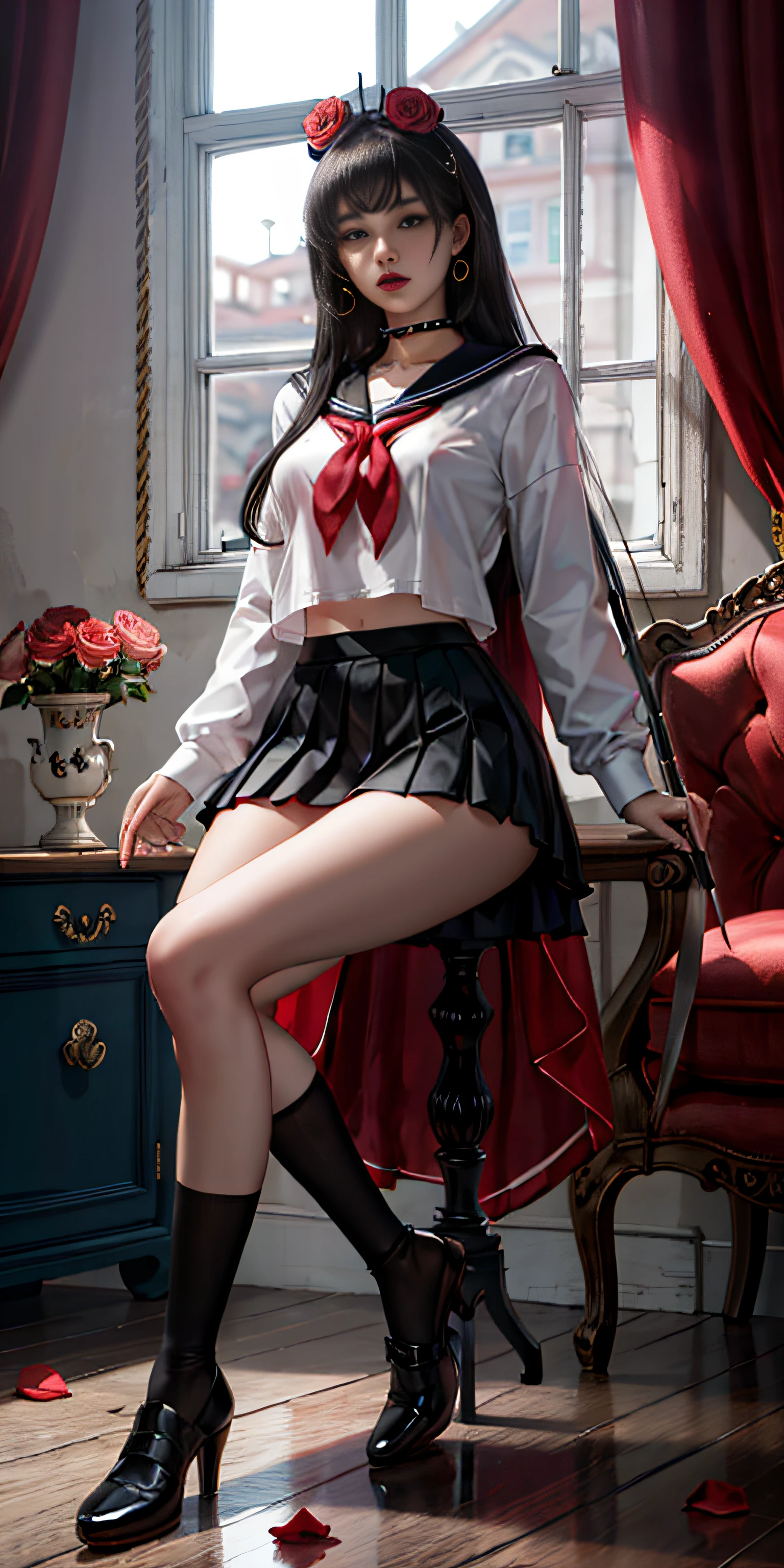 Super beautiful eyes、camellia, florals, red_flower, red_rose, rose, knives, 1girl in, pink_rose, pink_flower, spider_lily, shoe, long_hair, school_uniform, serafuku, scabbard, skirt by the, solo, sheathed, vases, looking_at_viewer, sitting on, orange_flower, pleated_skirt, rose_petals, black_shirt, black_legwear, black_skirt, hibiscus, very_long_hair, parted_lips, lowfers, sailor_collar, black_hair, neckerchief