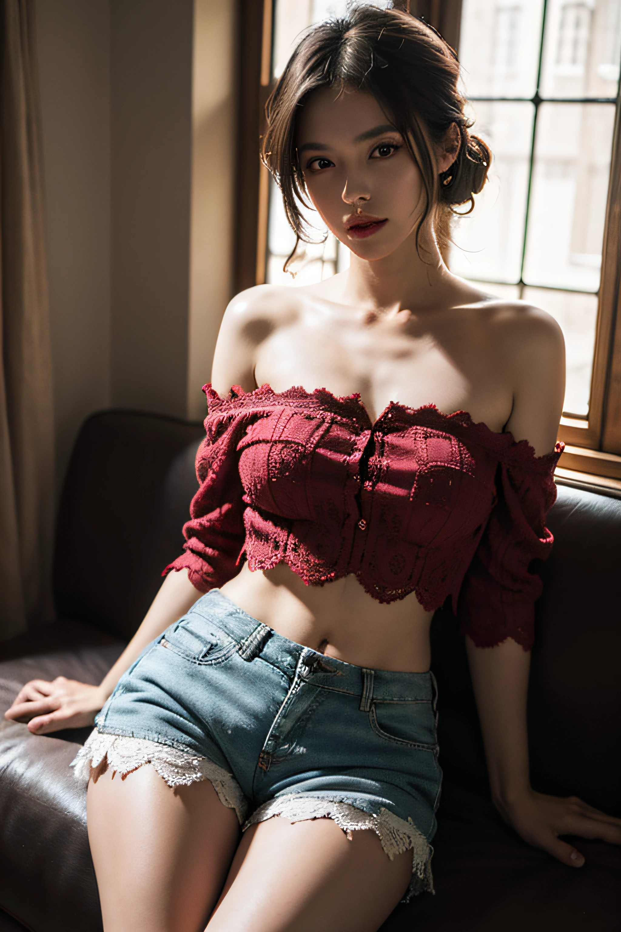 Best quality, masterpiece, ultra high res, (photorealistic:1.4), raw photo, 1woman hottie of 32 years old, goddess, off shoulder, pijama lace short pants, cinematic lighting