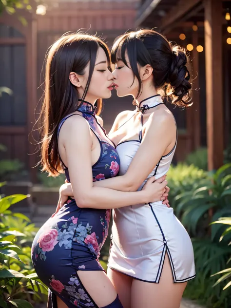 in 8K, top-quality, Real Image, Anatomically correct body、 Super Detail, 超A high resolution, Depth Field,(Photorealsitic,realisitic:1.2),​masterpiece , {{Two beautiful women looking at each other:1.8、Two beautiful women hugging each other、Kiss between two ...