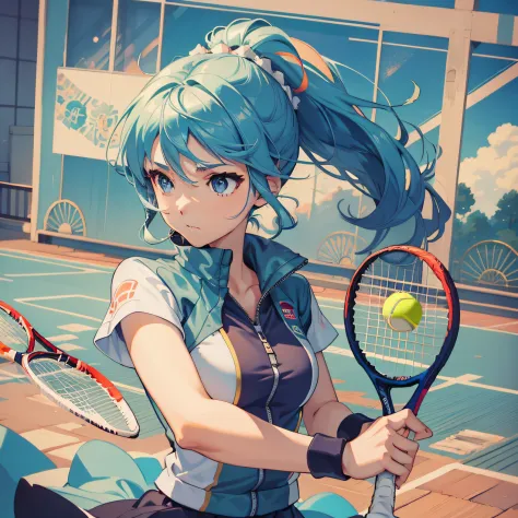 Anime girl holding tennis racket in her hand, Beautiful ponytail anime girl,There is a headdress， comic artstyle, Anime style il...