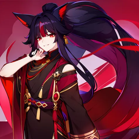 young guy, pretty facial features, long dark purple hair, half gathered in messy ponytail, half loose, dangerous bright red eyes...