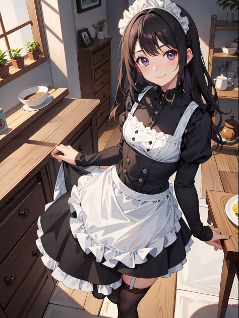 1girl in、A smile、A delightful、skirt by the、(small tits)chilarism、doress、aprons,,,,,,、maid,,,,,,,,、brunette color hair、hair adornments、sport、black stockings