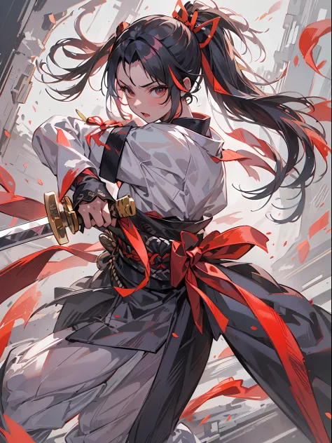 ​master piece,hyper quality, Hyper Detailed,Perfect drawing,Solo, Beautiful Girl, Samurai wielding a sword, Black ponytail, Hair...