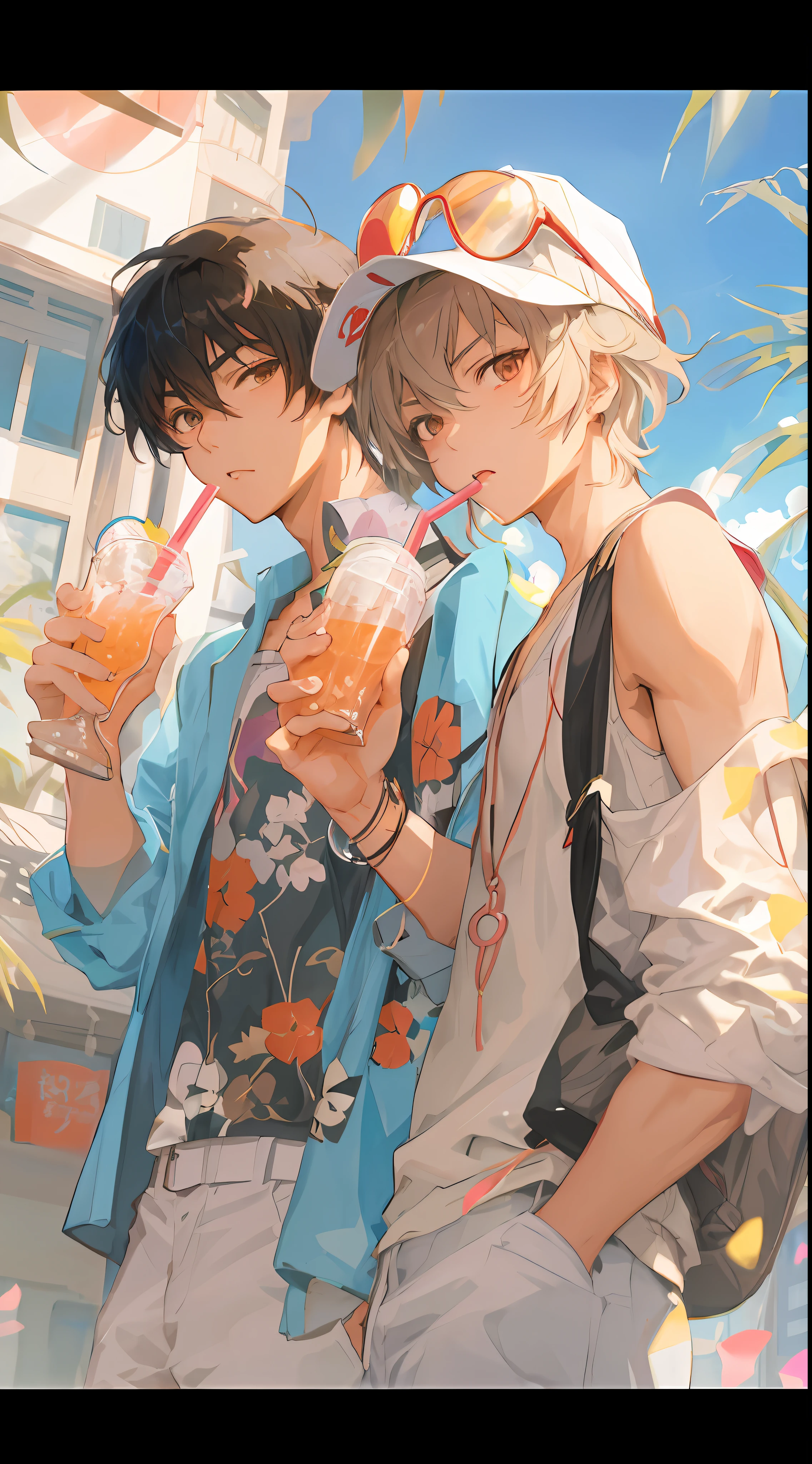 Anime boy and girl holding drinks and looking at camera - SeaArt AI