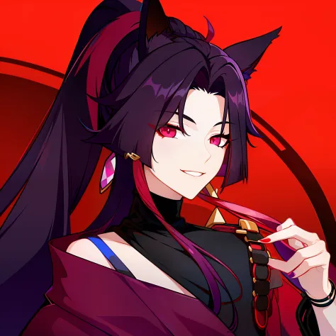 young guy, pretty facial features, long dark purple hair, half gathered in messy ponytail, half loose, dangerous bright red eyes...