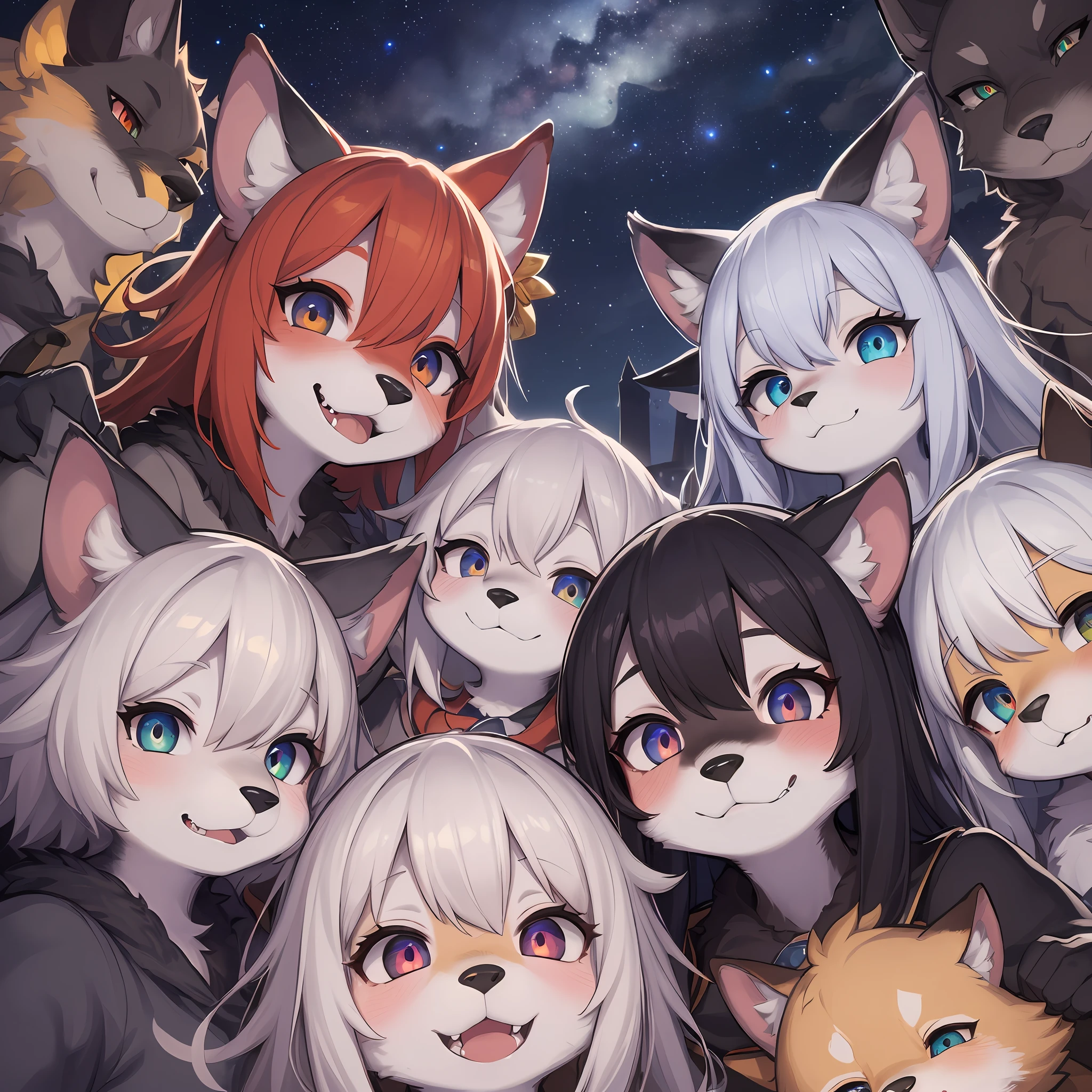 Anime cats with blue eyes and long hair are standing together - SeaArt AI