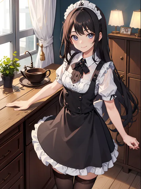 1girl in、A smile、A delightful、skirt by the、(small tits)chilarism、doress、aprons,,,,,,、maid,,,,,,,,、brunette color hair、hair adornments、sport、Black stockings，sitted