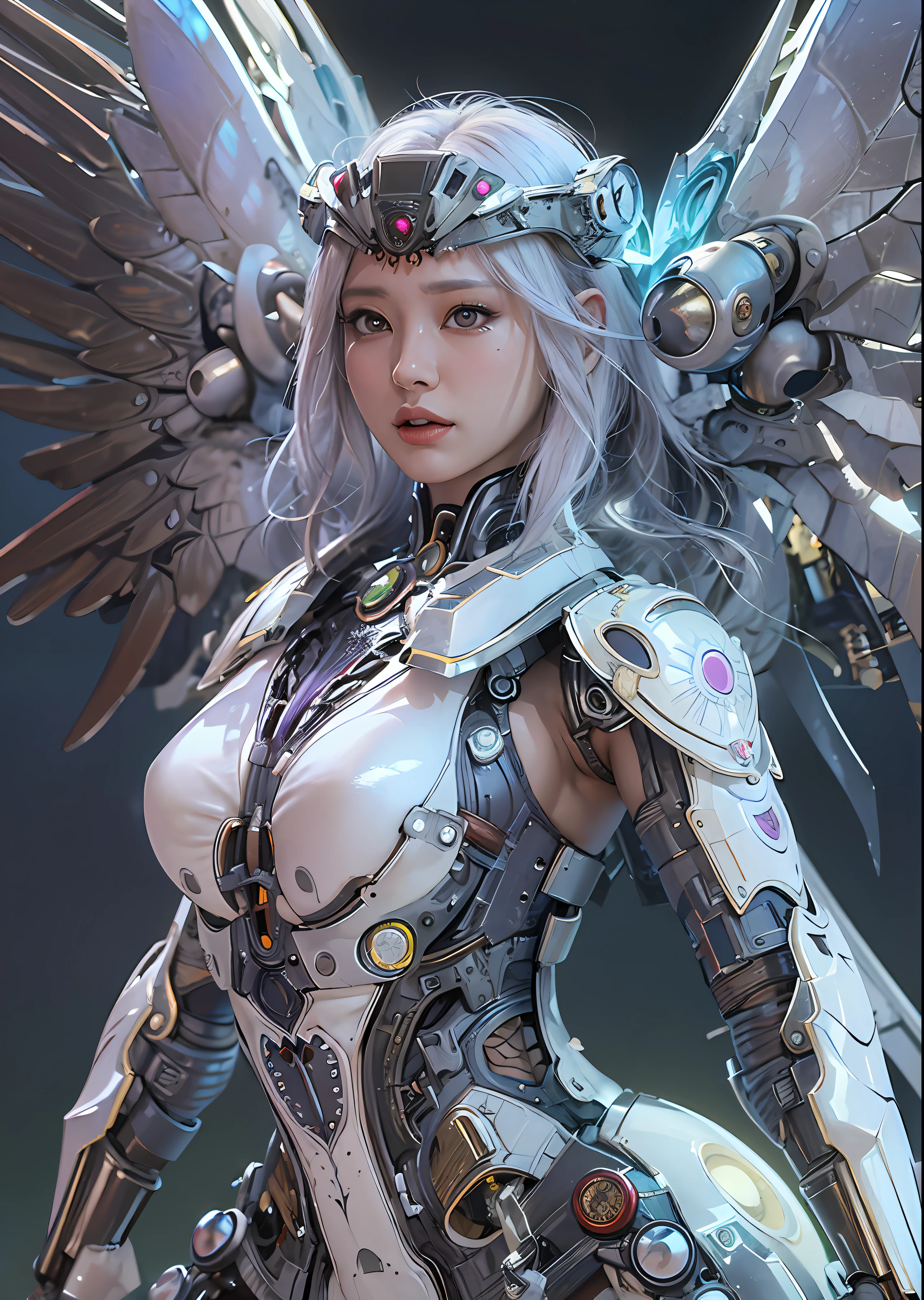 top-quality、​masterpiece、超A high resolution、(Photorealsitic:1.4)、Raw photo、Cyborg Angel、large wings made of metal、White porcelain body、white  hair、glowy skin、1 Cyborg Girl、((super realistic details))、portlate、globalillumination、Shadow、octan render、8K、ultrasharp、character edge light,Colossal tits、Raw skin is exposed in cleavage、Details of complex ornaments、Acrylic Clear Cover、Detailed hydraulic cylinders from Sumer、Small LED lamp、highly intricate detail、Realistic light、a purple eye、radiant eyes、Facing the camera、neon details、cowboy  shot、Futuristic headgear、About Cyberpunk、、