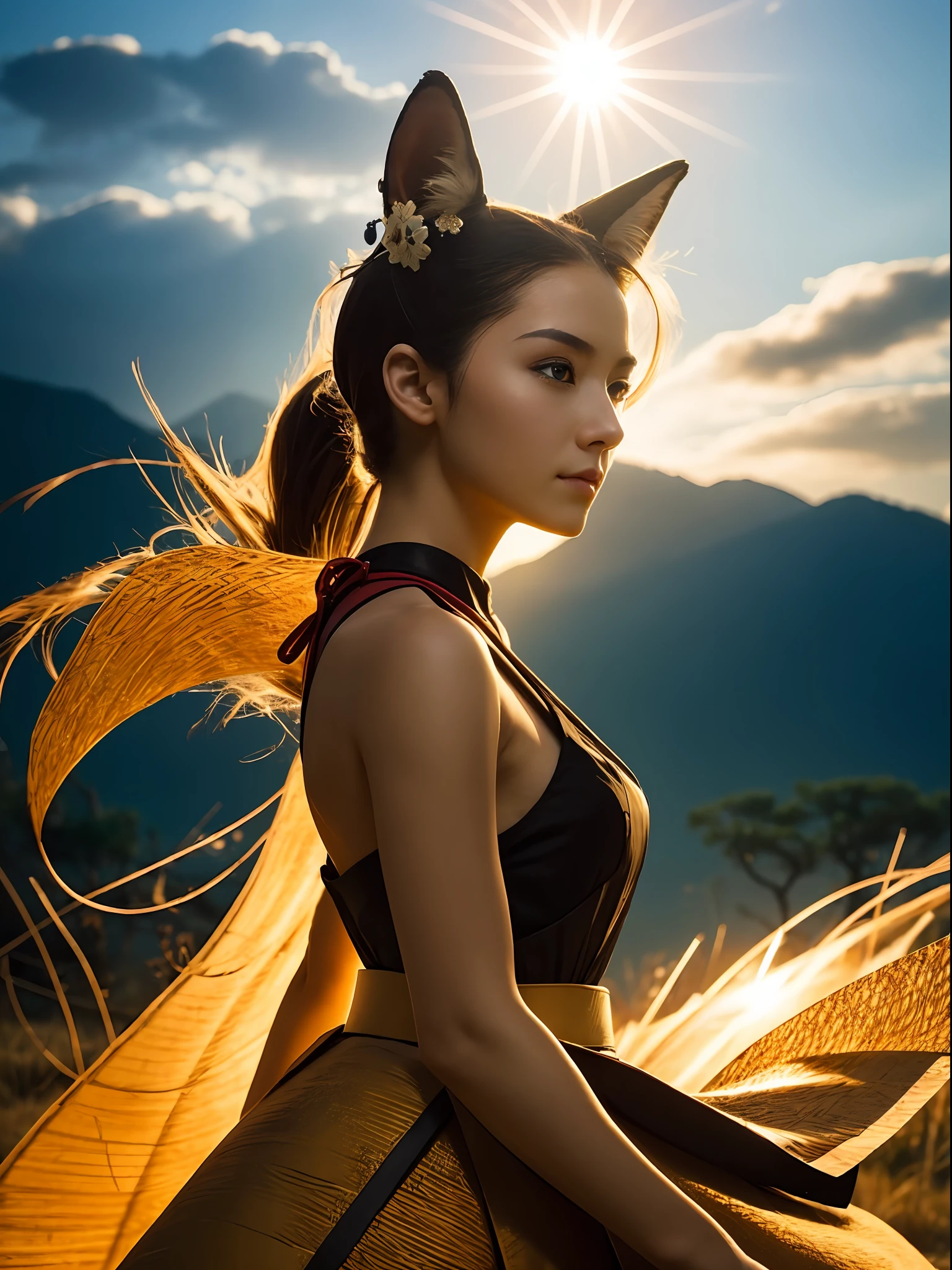 (best quality, masterpiece), 1girl, samurai, particle, wind, looking at viewer, fox ear, backlighting, upper body, pose