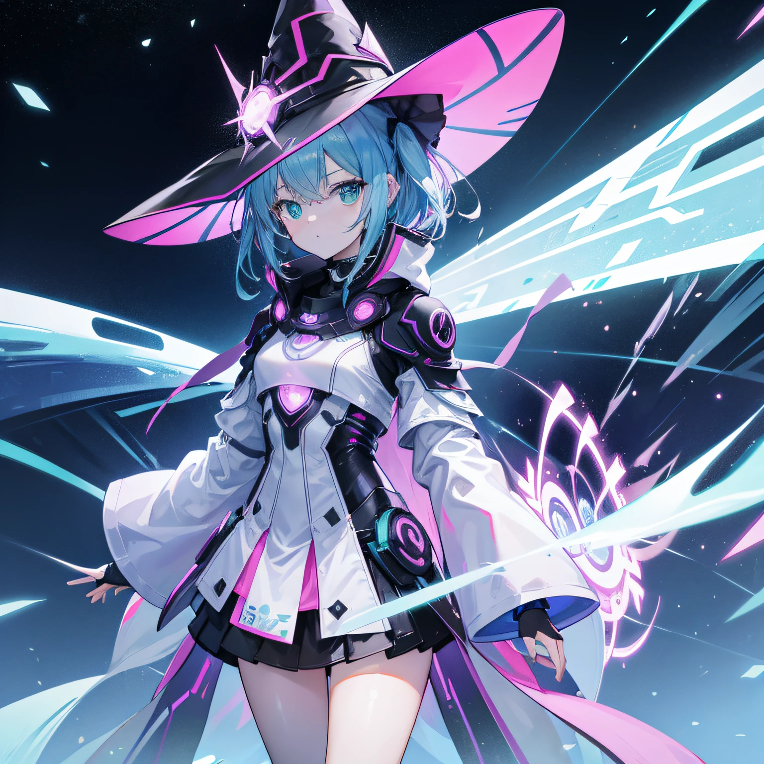 Girl in futuristic outfit、SF、Glowing gadgets、is standing、Utopian metropolis、Sci-fi helmet、Sci-fi armor、pink miniskirt、Light blue cloak、witch's hat、Green eyes、Eye Highlights、stupendous、细致背景、Volumetric light、Sun'rays、llight rays、Skysky、​​clouds