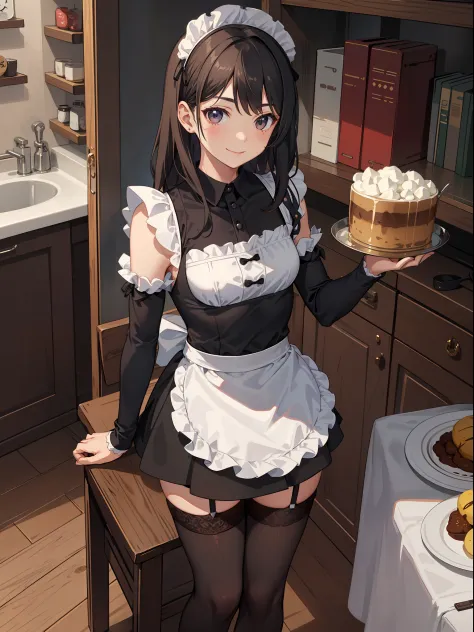1girl in、A smile、A delightful、skirt by the、(small tits)chilarism、doress、aprons,,,,,,、maid,,,,,,,,、brunette color hair、hair adornments、sport、Black stockings，sitted
