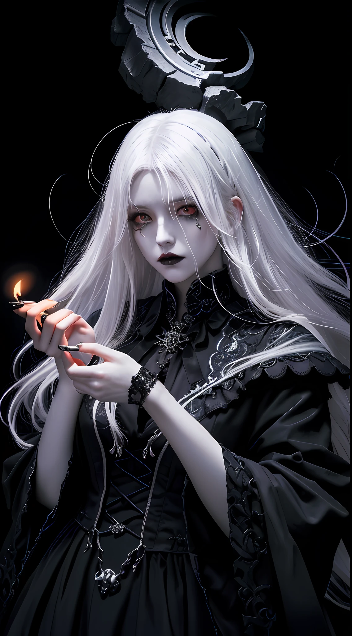 （tmasterpiece，best qualtiy）， 独奏，A white-haired woman holds a candle，anime skull portrait woman,beautiful necromancer girl，beautiful girl necromancer，，Smoky, flowing white hair，Harsh eyes，paleskin，black eyeshadows，Black blood and tears，Gothic shoujo anime characters，beautiful necromancer，gothic fantasy art，dark fantasy style art, white-haired god,Portrait of a female necromancer，Female necromancer，goddess of death，Dark moody lighting，with light glowing，mistic，magical，edge lit