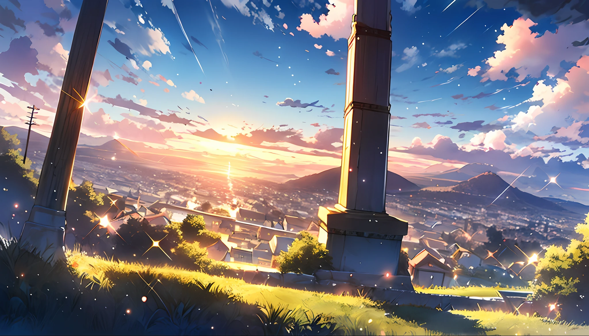动漫风景：一座高塔和日落的城市- SeaArt AI