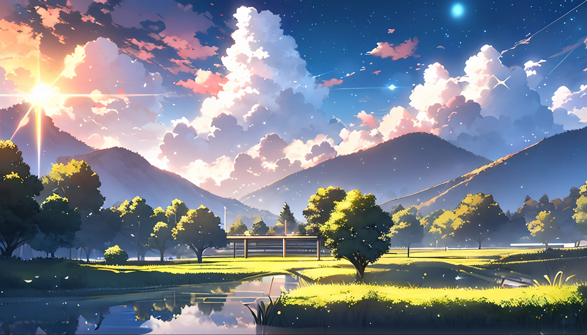 Landschaft im Anime-Stil, Hayao Miyazaki, höchste Qualität, funkelt, glänzend,Landschaft, keine Menschen, Himmel, Wolke, draußen, Sonnenuntergang