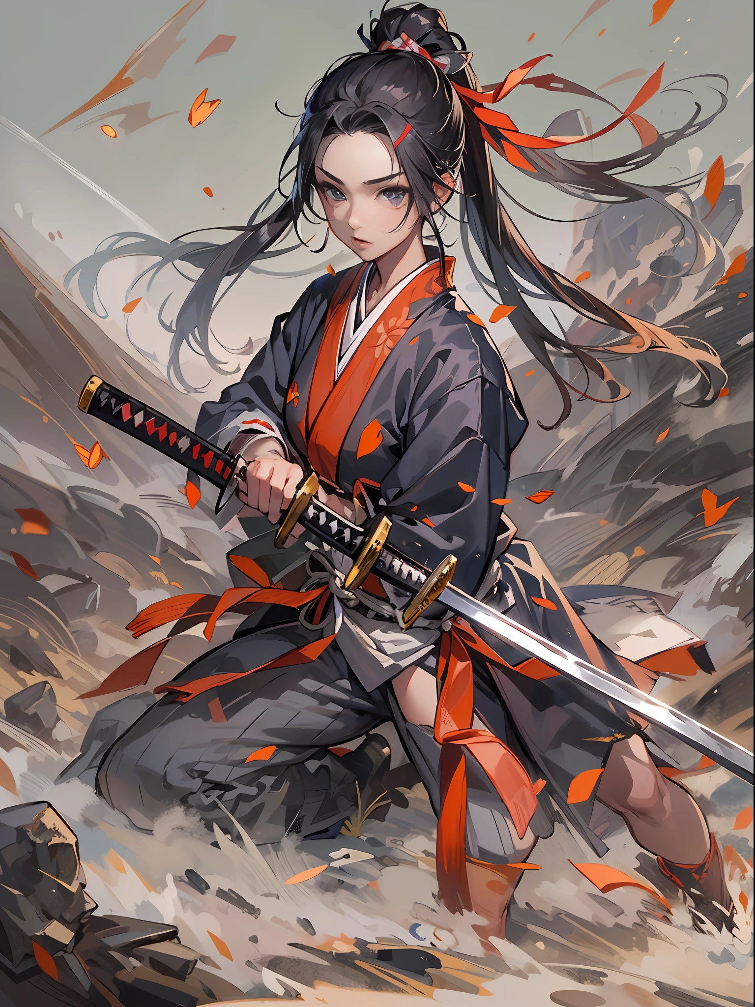 ​master piece,hyper quality, Hyper Detailed,Perfect drawing,Solo, Beautiful Girl, Samurai wielding a sword, Black ponytail, Hair tied up with a large red ribbon, Equipped with two Japan swords 、open stance, Dynamic Action Pose,Old Japan、battle field、wasteland、beatiful backgrounds、Accurate drawing、Detailed drawing、