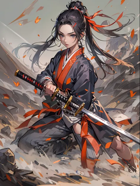 ​master piece,hyper quality, Hyper Detailed,Perfect drawing,Solo, Beautiful Girl, Samurai wielding a sword, Black ponytail, Hair...