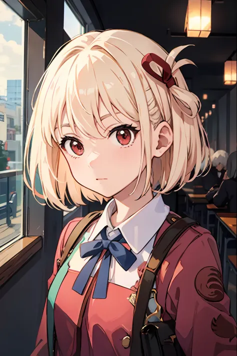 ​masterpiece, top-quality, Chisato Nishikiki、Platinum Blonde Hair、Anime girl with red eyes,bob cuts,Anime visuals of cute girls,...
