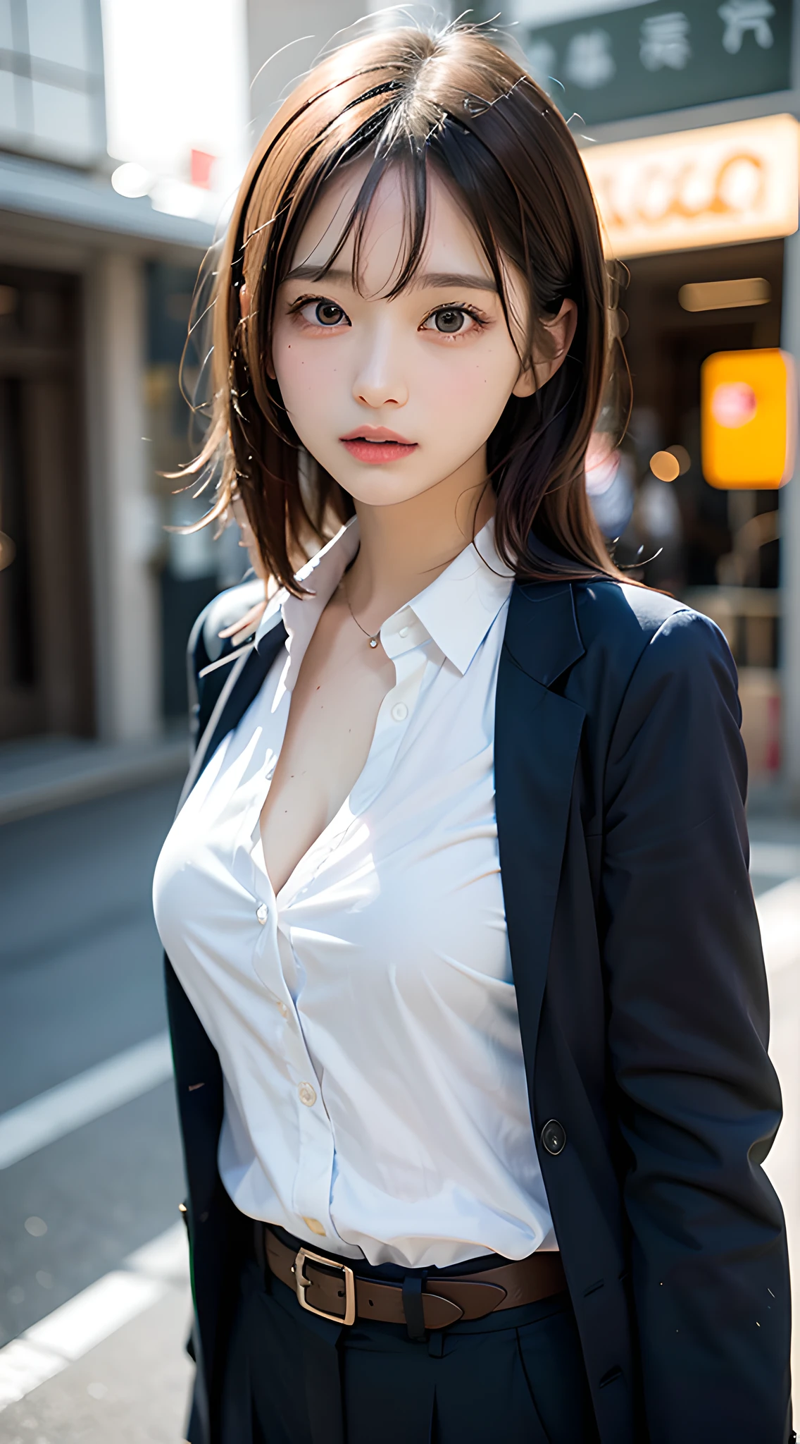 (masterpiece, best quality:1.2), 8k, 85mm, official art, raw photo, absurdres, violaceaess, rosaceaess, gardeniass, beautiful girl, pretty face, close up, upper body, cinch waist, black tailored suit, suit jaket, V-neck shirt, looking at viewer, (cleavage:0.7), large breasts, film grain, chromatic aberration, sharp focus, facelight, clear lighting, detailed face, (bokeh background:1.2)