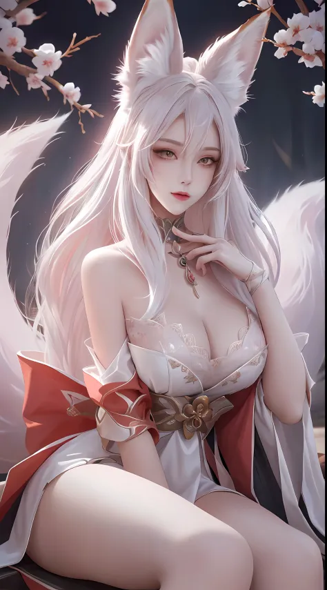 (Girl with white hair with fox ears)，tmasterpiece，beautifuldetails，Extremely colorful，Exquisite details，Delicate lips，The details are complex，Realiy，Ultra photo realsisim，A girl and a white-haired fox sit on a branch：1.1，Fox ears white hair girl，(Large bre...