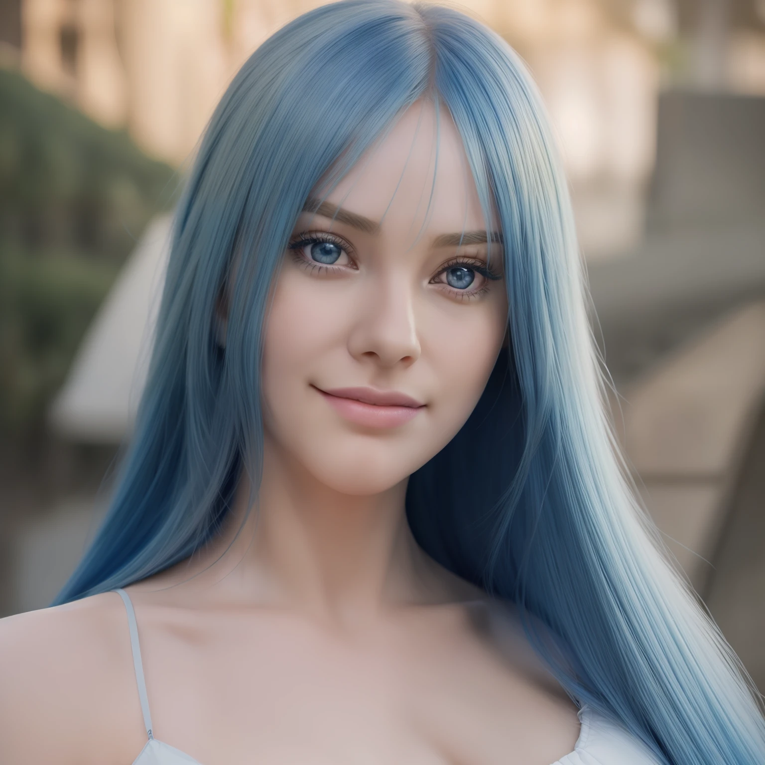 (mejor calidad 1.4), (obra maestra 1.2), Mujer hermosa,cara bonita y redonda, pelo largo azul, ojos grandes (Fotorrealista:1.4) Brynhildr de FGO,deep-cross-cut bangs, sonrisa, 2, cara ultra detallada, labios detallados, ojo detallado,campo, golpe de viento,mirando al espectador